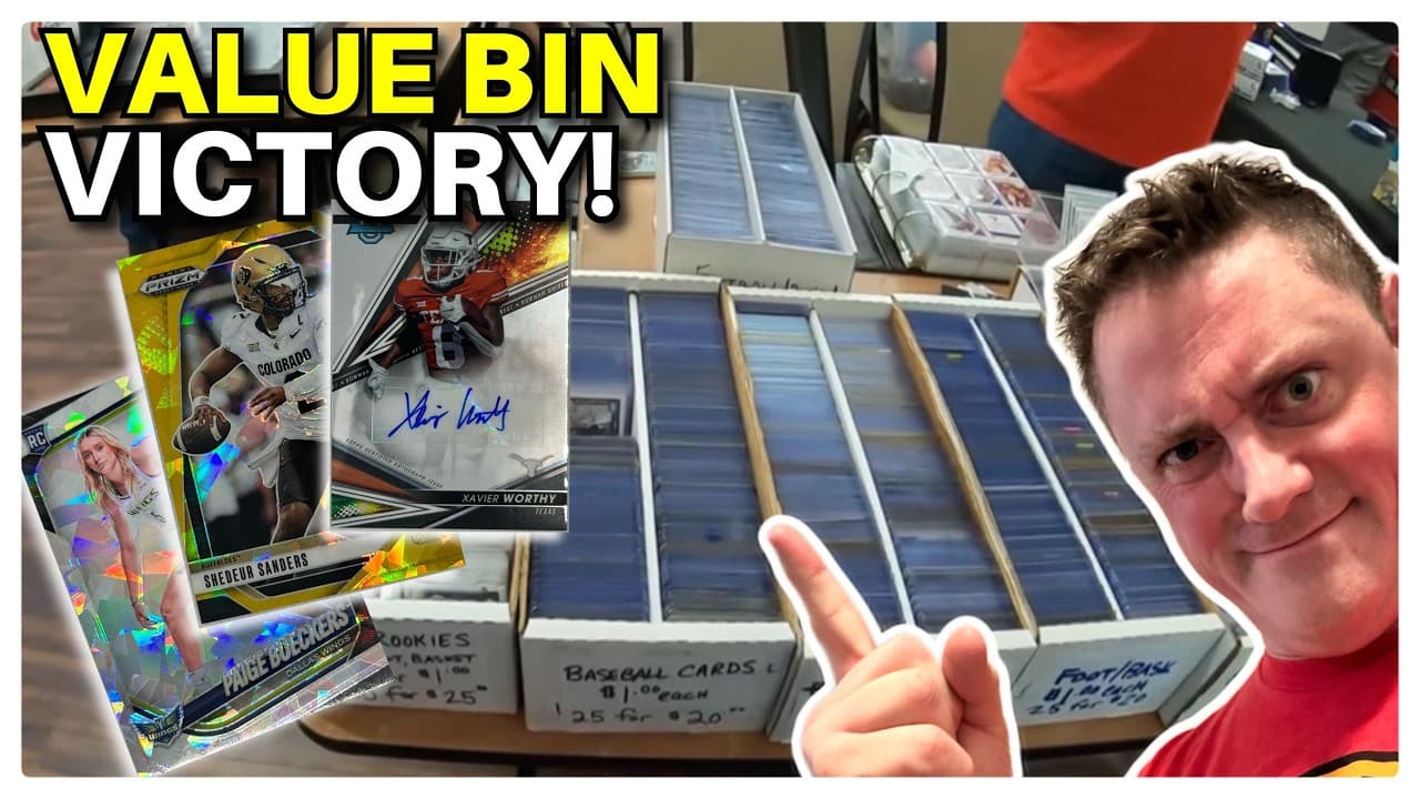 Rows of dollar bins packed with sports cards for collectors to dig through