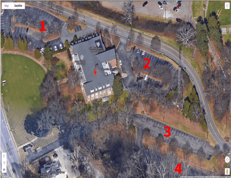 Aerial map of the Gainesville Civic Center with the four parking areas numbered one through four
