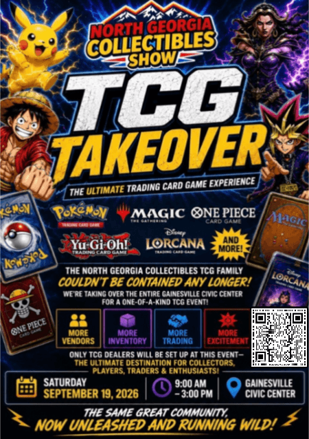 TCG Takeover event poster: Saturday September 19, 2026, 9 AM to 3 PM at the Gainesville Civic Center